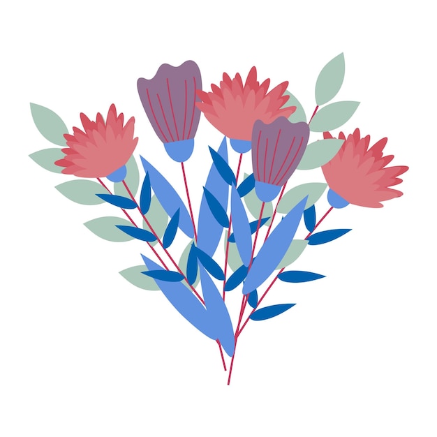 Vector vector bouquet with pink flowers peonies blue and green leaves with stems on a white background