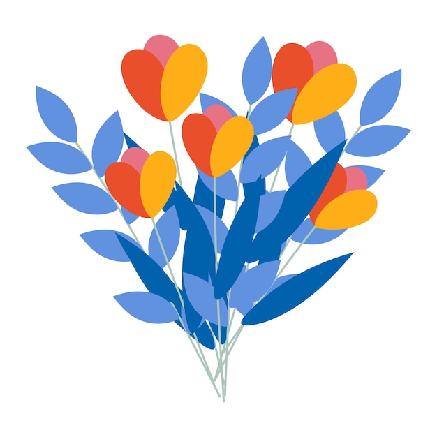 Vector bouquet with yellow orange flowers blue leaves with stems on a white background