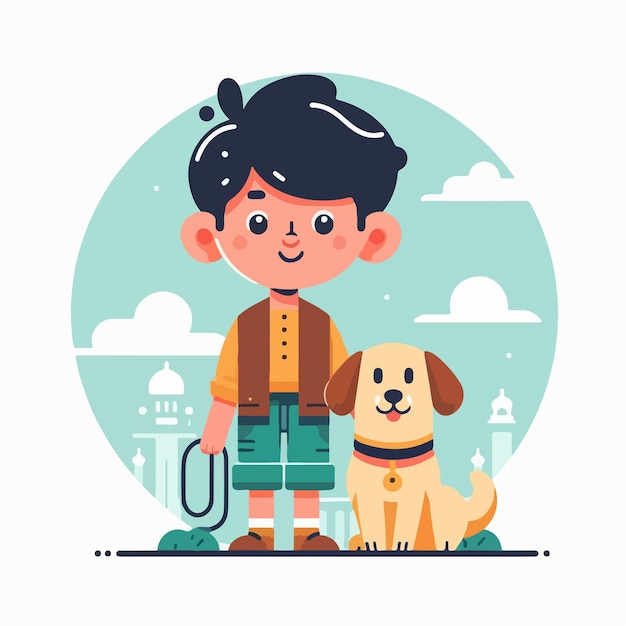 Vector of a boy and a dog with a simple and minimalist flat design style