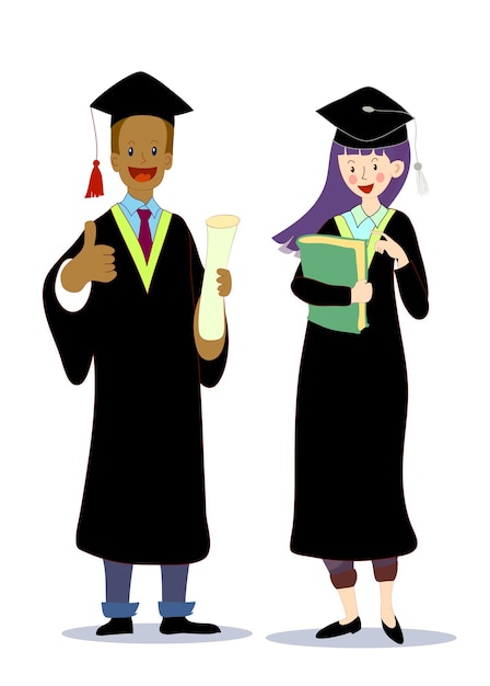 Vector boy and girl in graduation gowns with a diploma and a cap