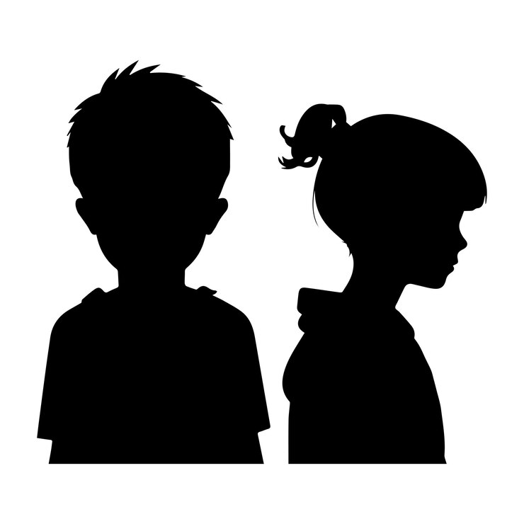 ベクトルの男の子と女の子のシルエットの黒と白のイラスト