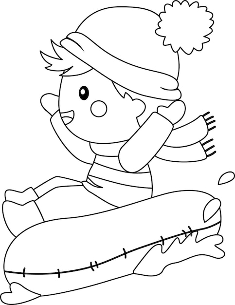 a vector of a boy on a snow sled in black and white coloring