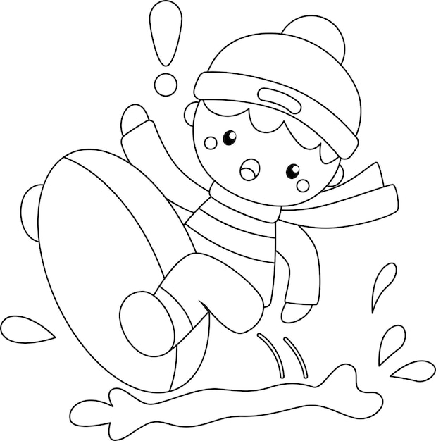 a vector of a boy on a snow sled in black and white coloring