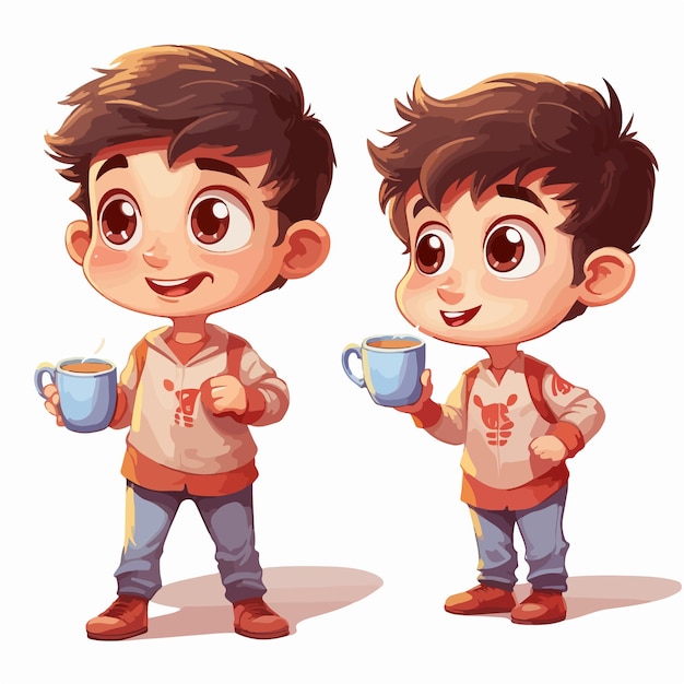 Вектор мальчика с кофе мультяшном стиле маленького ребенка