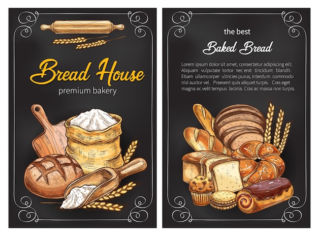 Векторные плакаты с эскизами хлеба для пекарни премиум-класса