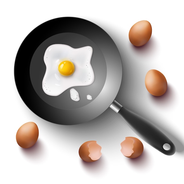 Vector breakfast, sunny side up fried eggs on the pan with whole farm eggs and egg shell around