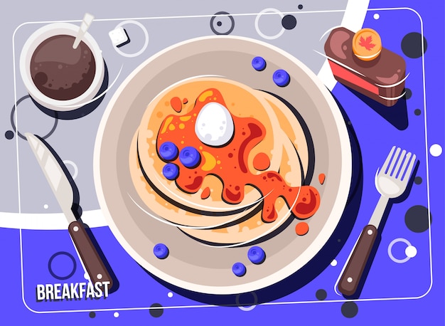 Vector breakfast with food and drinks. Breakfasts and brunches top view frame. 