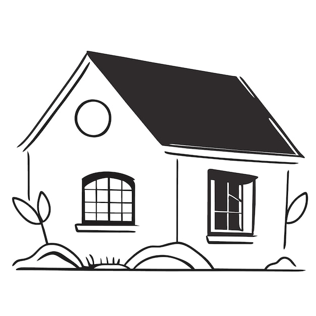 A vector of a brick house in black and white line art