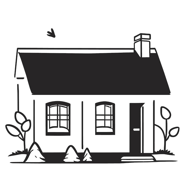 A vector of a brick house in black and white line art