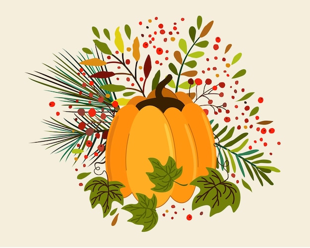 Vector vector bright autumn bouquet with pumpkin, leaves, conifer and berries. isolated on light background