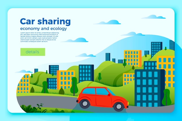 Vector bright car share ride banner template. City and green hills on a bright blue background.