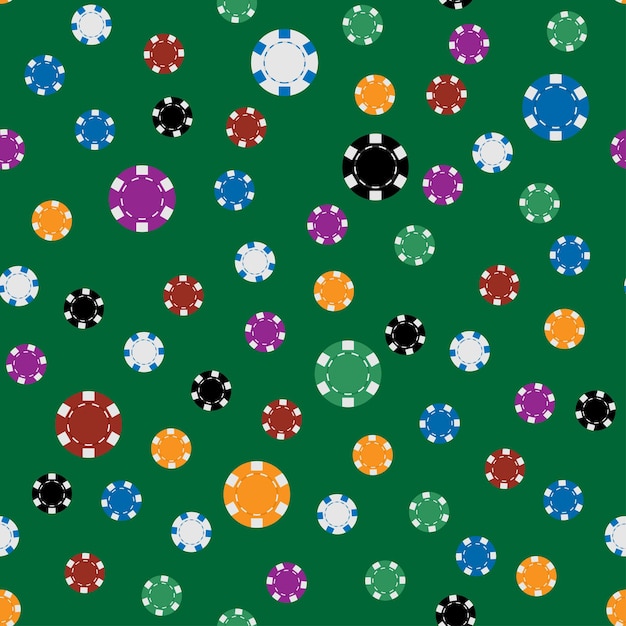 Vector bright casino chips on green table seamless pattern