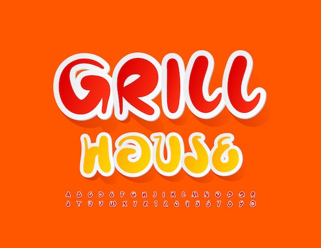 Векторная яркая эмблема grill house красная наклейка шрифт рукописный алфавит набор букв и цифр