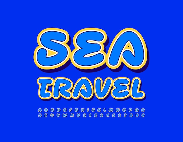 Emblema luminoso vettoriale sea travel font moderno scritto a mano set di lettere e numeri dell'alfabeto creativo