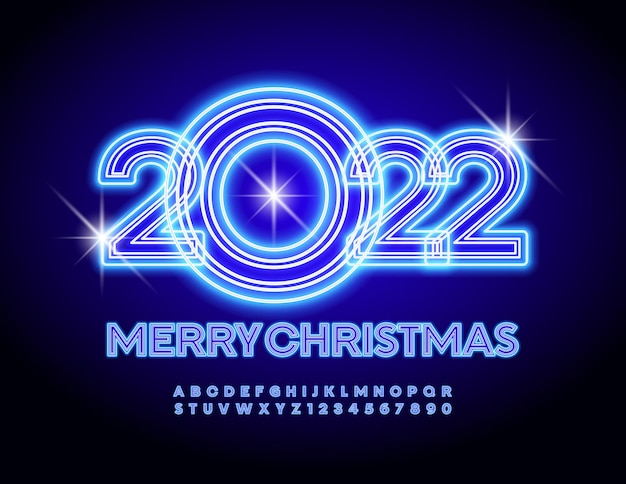 Vector brillante incandescente biglietto di auguri merry christmas 2022 creative neon font trendy alphabet set