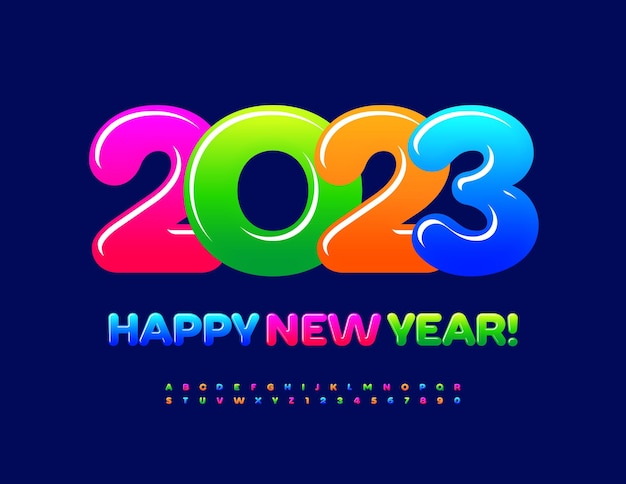 Vector bright greeting card Happy New Year 2023! Colorful childish Font. Playful Alphabet Letters