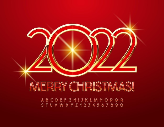 Vector bright Greeting Card Merry Christmas 2022 Elegant 3D Font Chic Alphabet Letters and Numbers