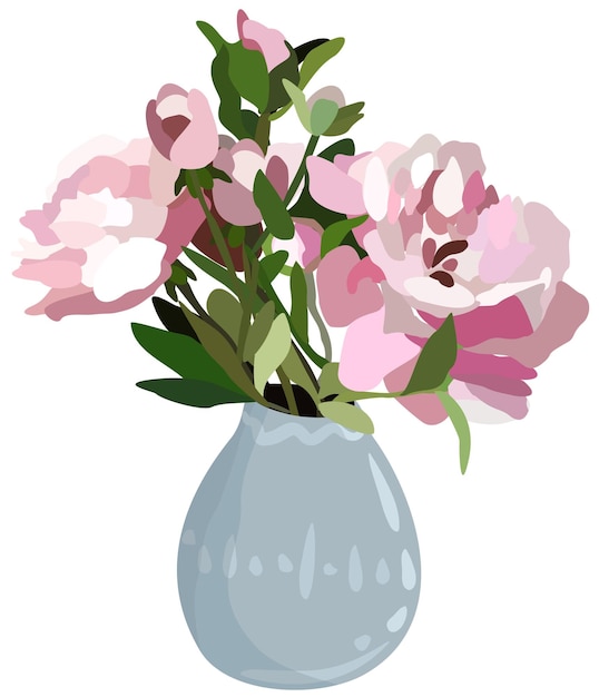 Vector bright illustration of pink peony bouquet in light blue vase isolated on white background.