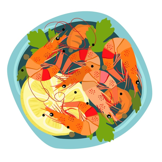 Vector vector bright isolated illustration of a plate with shrimps, decorated with slice of lemon.