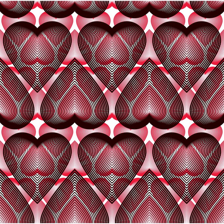 Vector vector bright ornate pattern with graphic lines, symmetric stripy background with romantic overlapping love hearts.