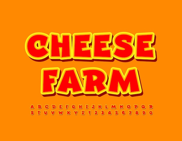 Vector bright poster cheese farm giocoso carattere moderno set di lettere e numeri dell'alfabeto creativo