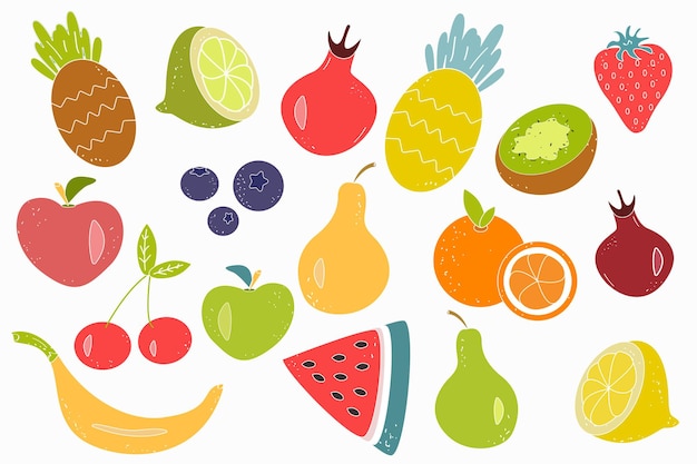 Vector bright seamless pattern of juicy fruits and berries on a white background