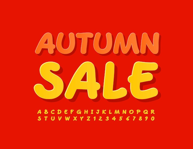 Vector bright sign Autumn Sale. Modern handwritten Font. Yellow sticker Alphabet Letters and Numbers