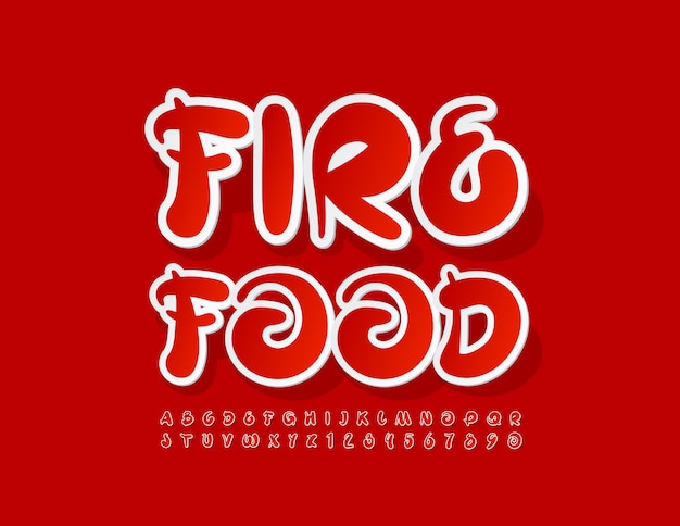 ベクトル明るいサイン火の食べ物赤い芸術的なフォントステッカー手書きアルファベット文字と数字
