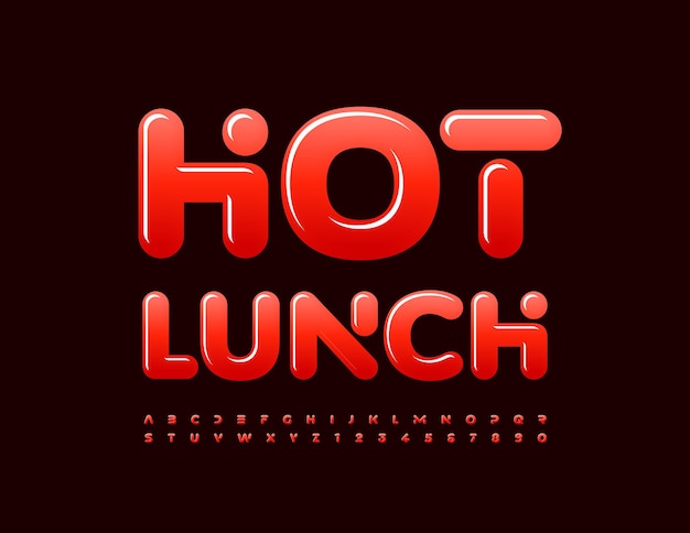 Vector bright Sign Hot Lunch Glossy Red Font Set of creative Alphabet Letters and Numbers