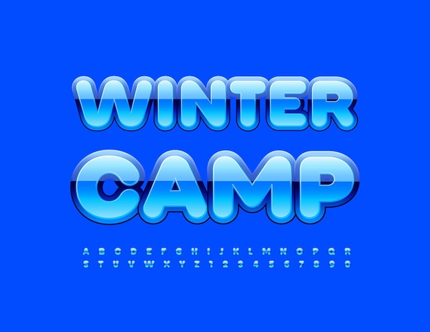 Vector Bright Sign Winter Camp Blue Glossy Font for Kids Modern Alphabet Letters and Numbers