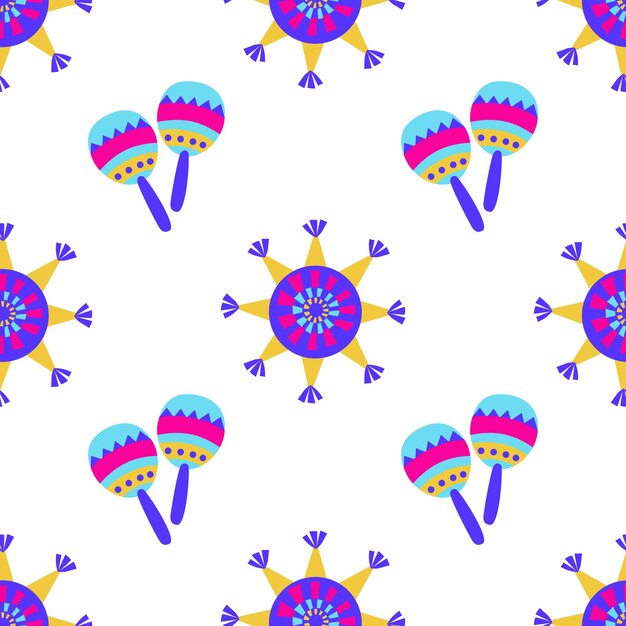 Vector vector bright sramless pattern with colorful stars pinatas and maracas on white background