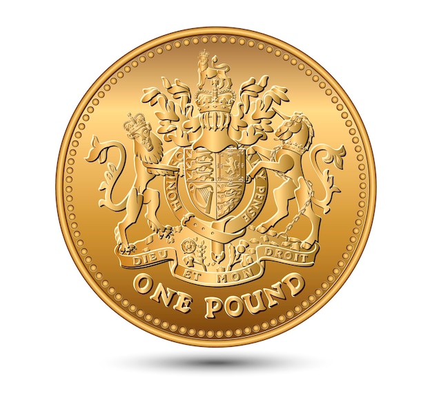 Vector British money gold coin one pound with the image of a lion unicorn shield and crown