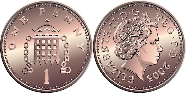 Vector Britse geld bronzen munt een cent gekroond valhek met kettingen op omgekeerde koningin op voorzijde