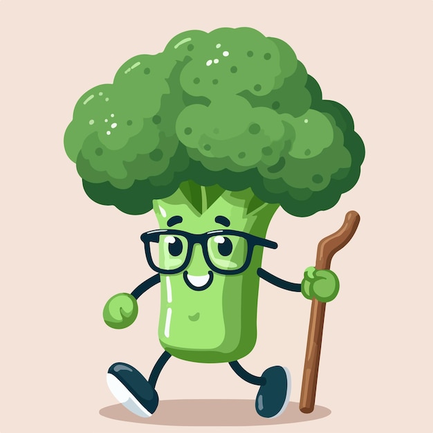 Vector vector broccoli wearing glasses carrying a stick is cheerful with a flat design style