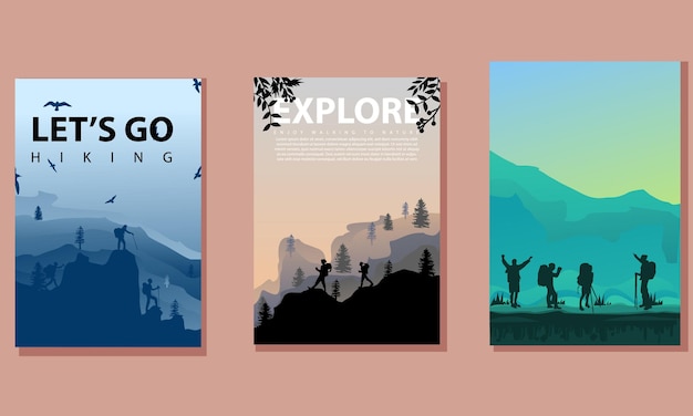 Vector brochure cards set. travel concept of discovering, exploring and observing nature. hiking. ad