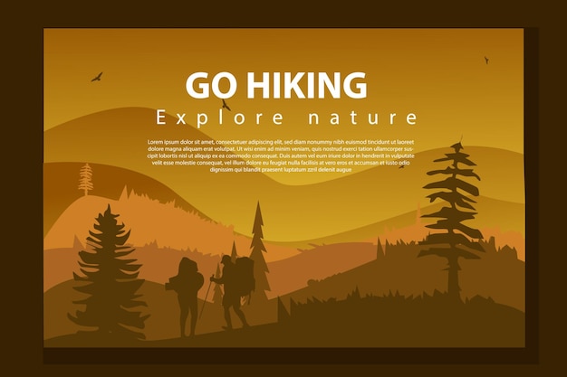 Vector brochure cards set. Travel concept of discovering, exploring and observing nature. Hiking.