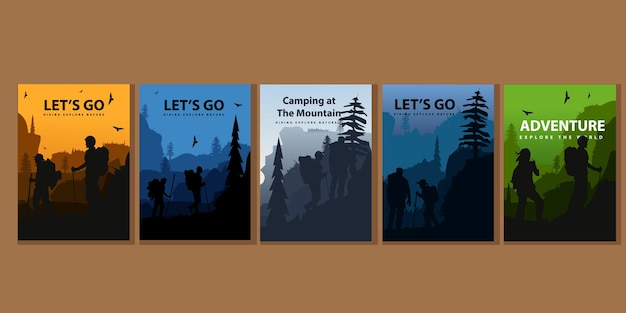 Vector brochure cards set. Travel concept of discovering, exploring and observing nature. Hiking.