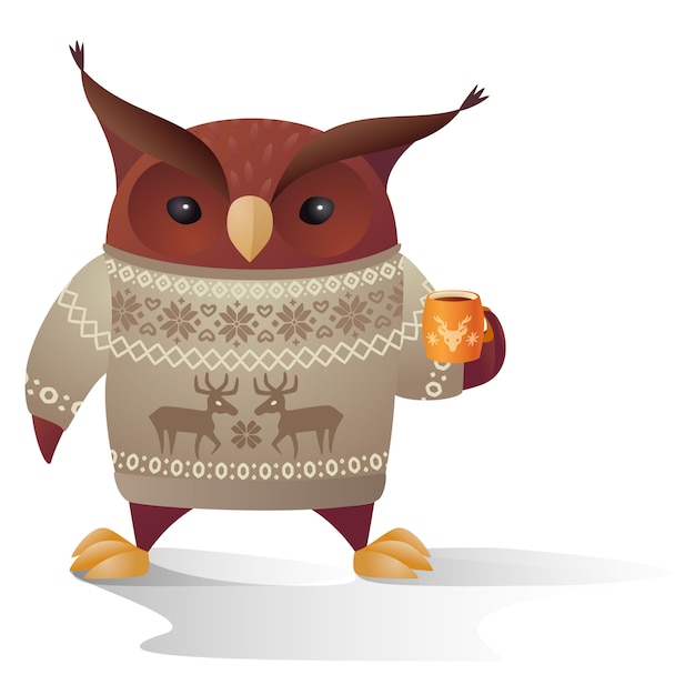 Вектор коричневый сова персонаж в теплый свитер с чашкой чая