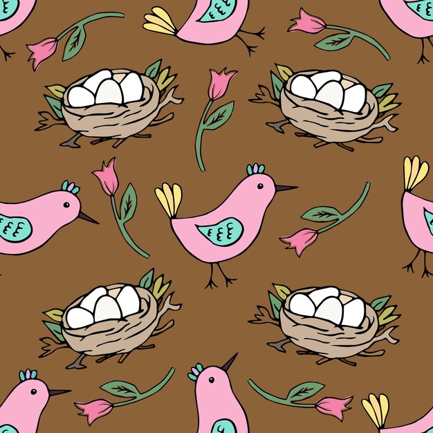 Vector brown seamless pattern with nest and pink birds hand drawn spring easter background