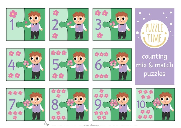 Vector bruiloft mix en match puzzel met schattige bloemen en jongen met boeket Matching wiskundige activiteit voor kleuters Educatieve drukbare tellen match up spel voor kinderen met kind gastxA