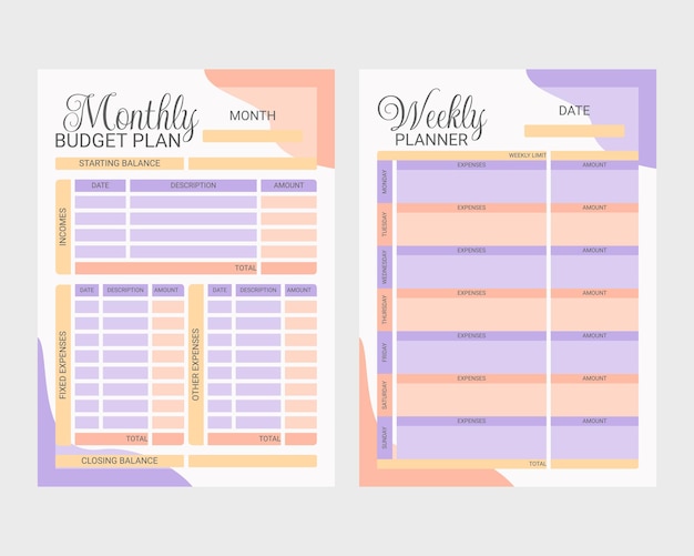 Vector budget planner for a month and a week