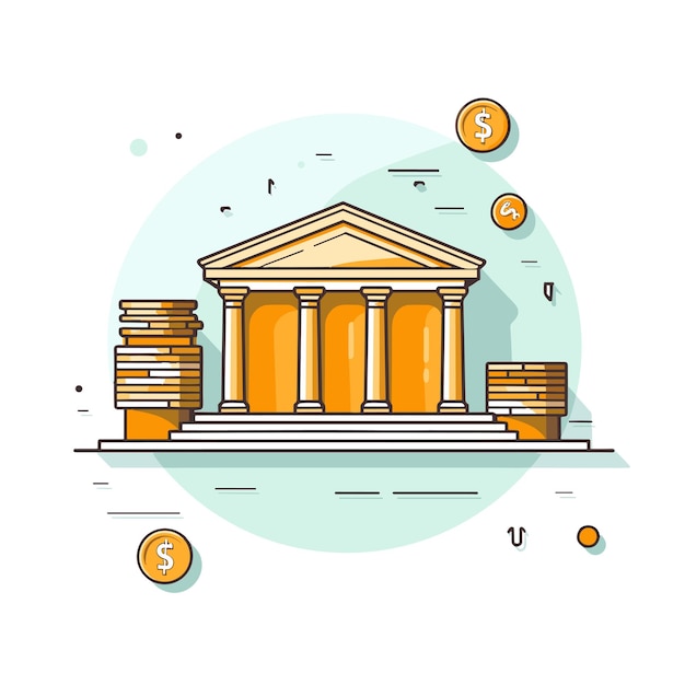 Vector vector of a building surrounded by stacks of coins in a flat icon style