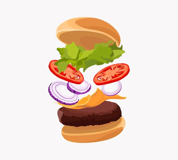 Vettore hamburger rimbalzo con fette di pomodoro, cipolla, carne, formaggio e lattuga, hamburger, fast food