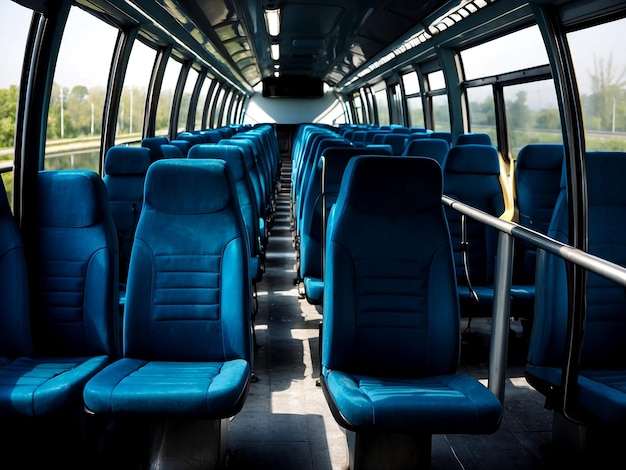 Vettore interno di autobus vettoriale con sedili blu vuoti isolati