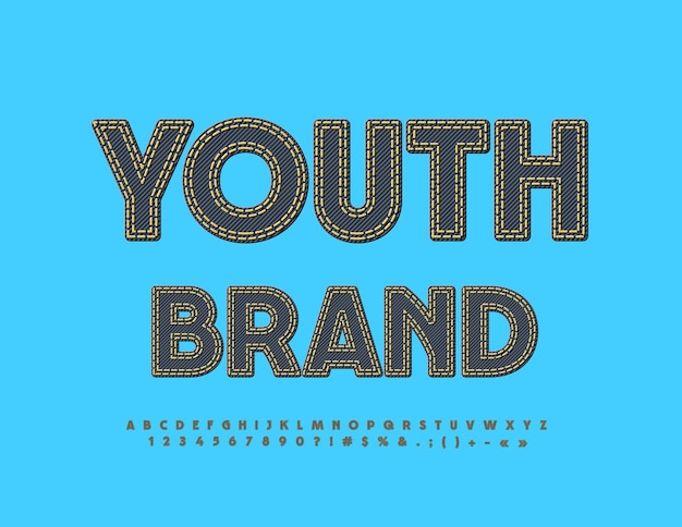 Vector business banner Youth Brand Black Denim Font with Stitches Fashionable Alphabet Letters set