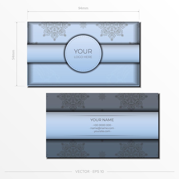 豪華な黒のパターンで青い色のベクトル名刺テンプレート。ヴィンテージの飾りが付いた印刷可能な名刺デザイン。
