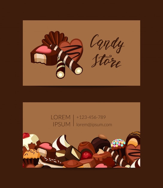 Vector business card template with cartoon chocolate sweet candies for pastry shop illustration