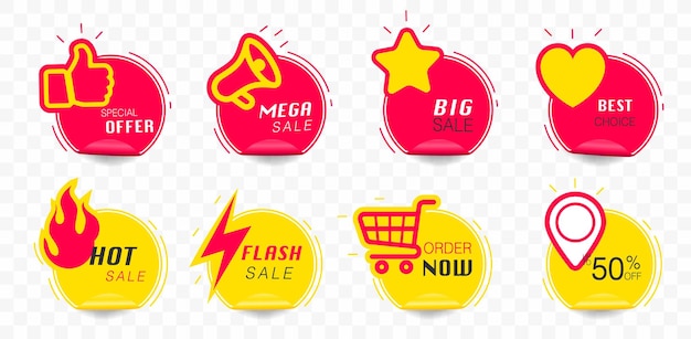 Vector business icons modern red and yellow labels and tags circle banners paper fold stickers creative design Shopping and Best choice price badge special offer big sale and new