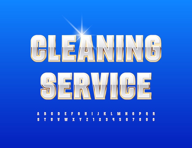 Vector business logo Cleaning Service. White and Gold glossy Font. Elite Alphabet Letters, Numbers