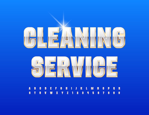 Vector business logo cleaning service. white and gold glossy font. elite alphabet letters, numbers